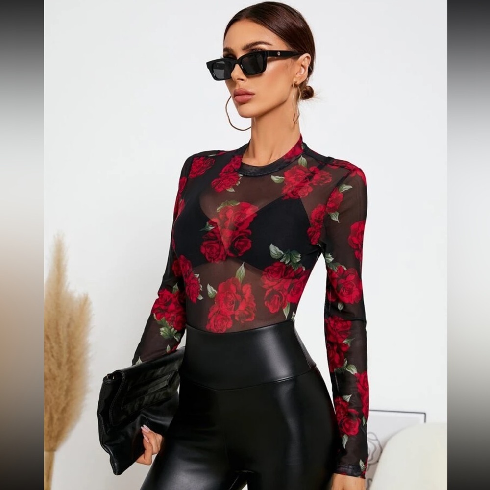 Black Floral Red Rose Print Mesh Sheet Top Long Sleeve